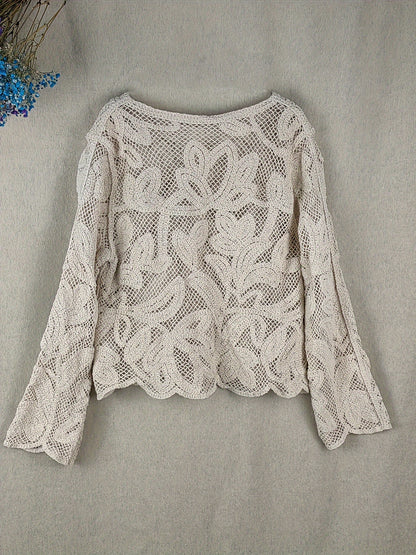 Guipure Kant Knopen Voorkant Shirt - Semi-Doorzichtig & Diepe V-Hals
