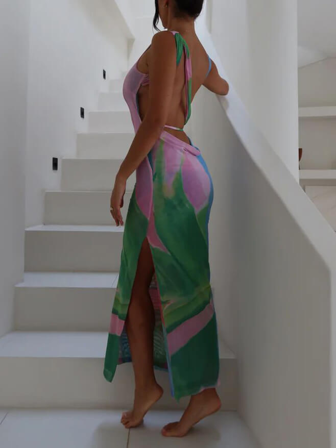 Sexy Rugloze Mouwloze Midi Jurk Met Zijsplitten