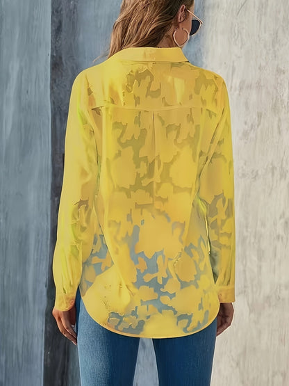 Jacquard Doorzichtige Lose Blouse - Geweven Ontwerp & Lange Mouwen