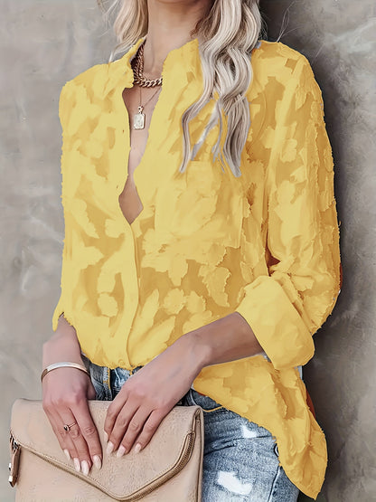 Jacquard Doorzichtige Lose Blouse - Geweven Ontwerp & Lange Mouwen