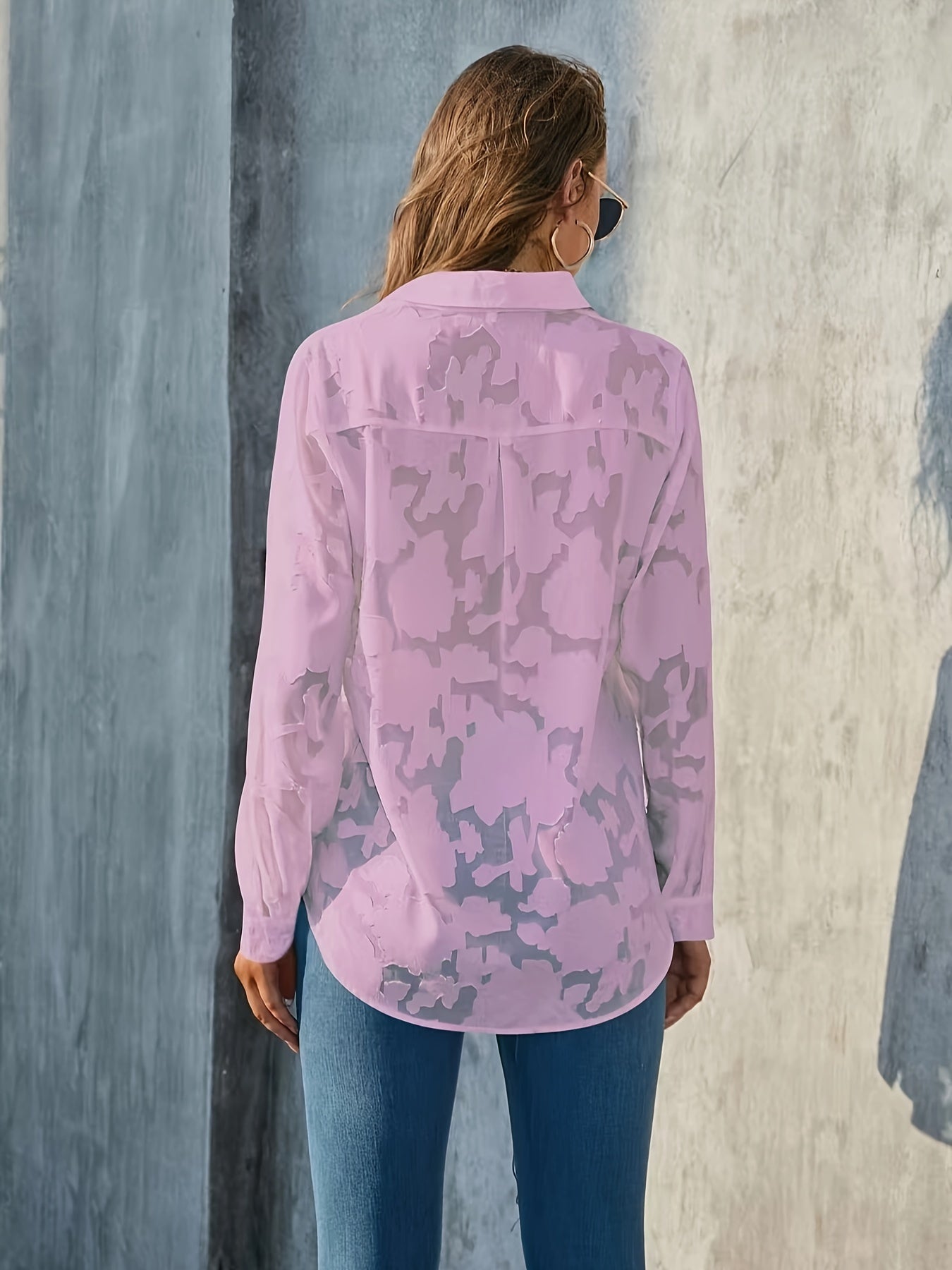 Jacquard Doorzichtige Lose Blouse - Geweven Ontwerp & Lange Mouwen