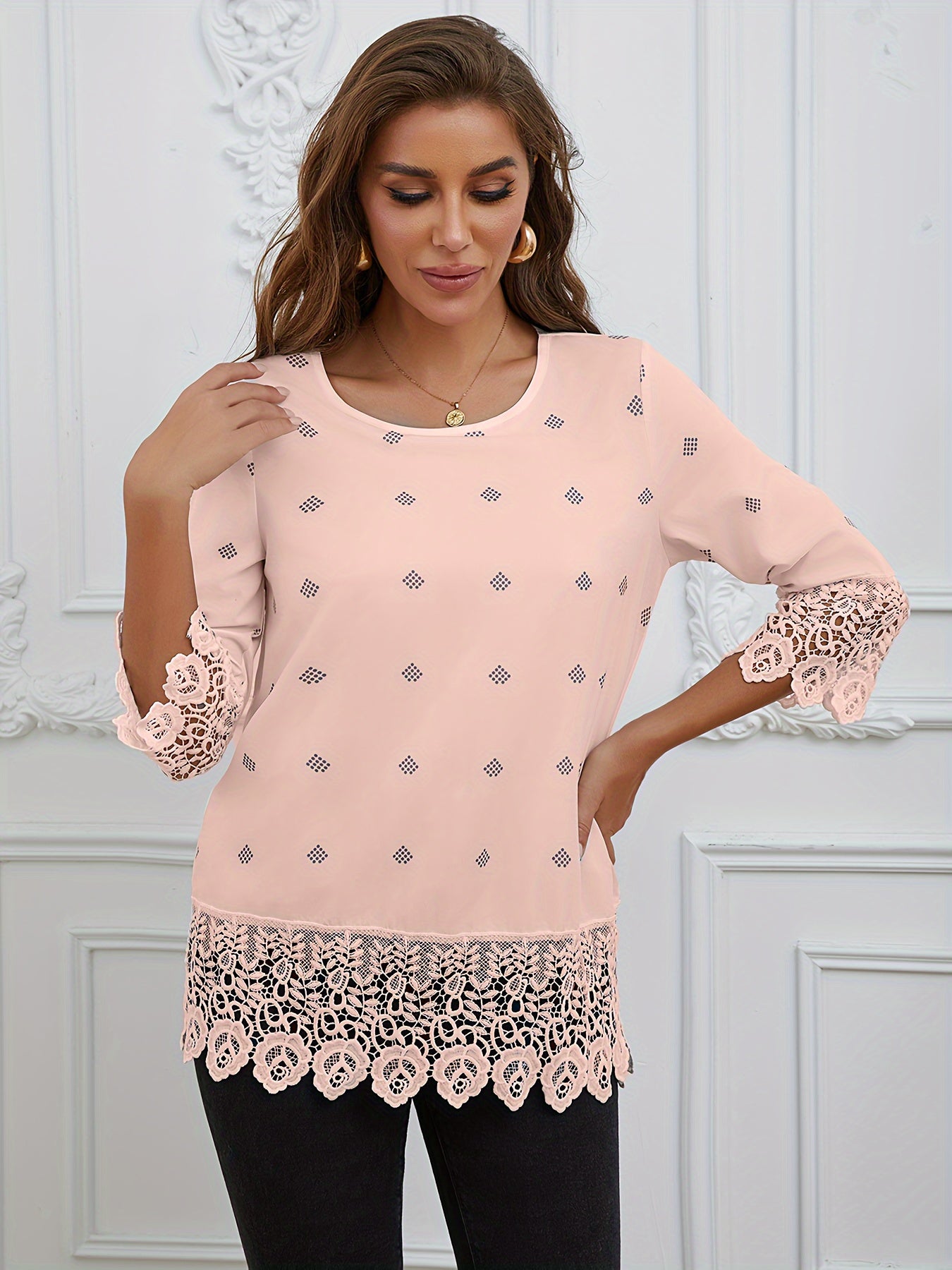Kanten Trim Ronde Hals Blouse - Semi-Transparant Ontwerp & 3/4 Mouwen
