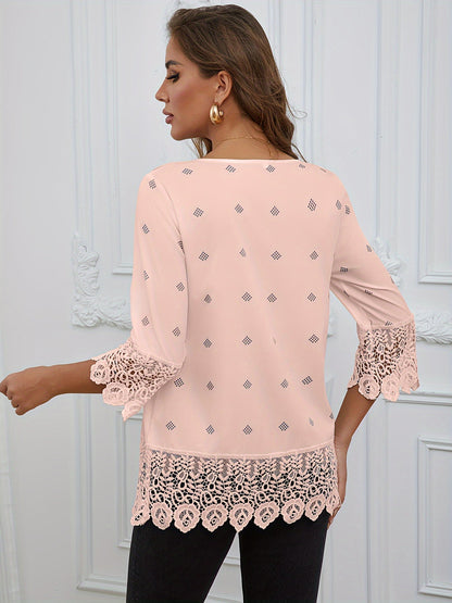 Kanten Trim Ronde Hals Blouse - Semi-Transparant Ontwerp & 3/4 Mouwen