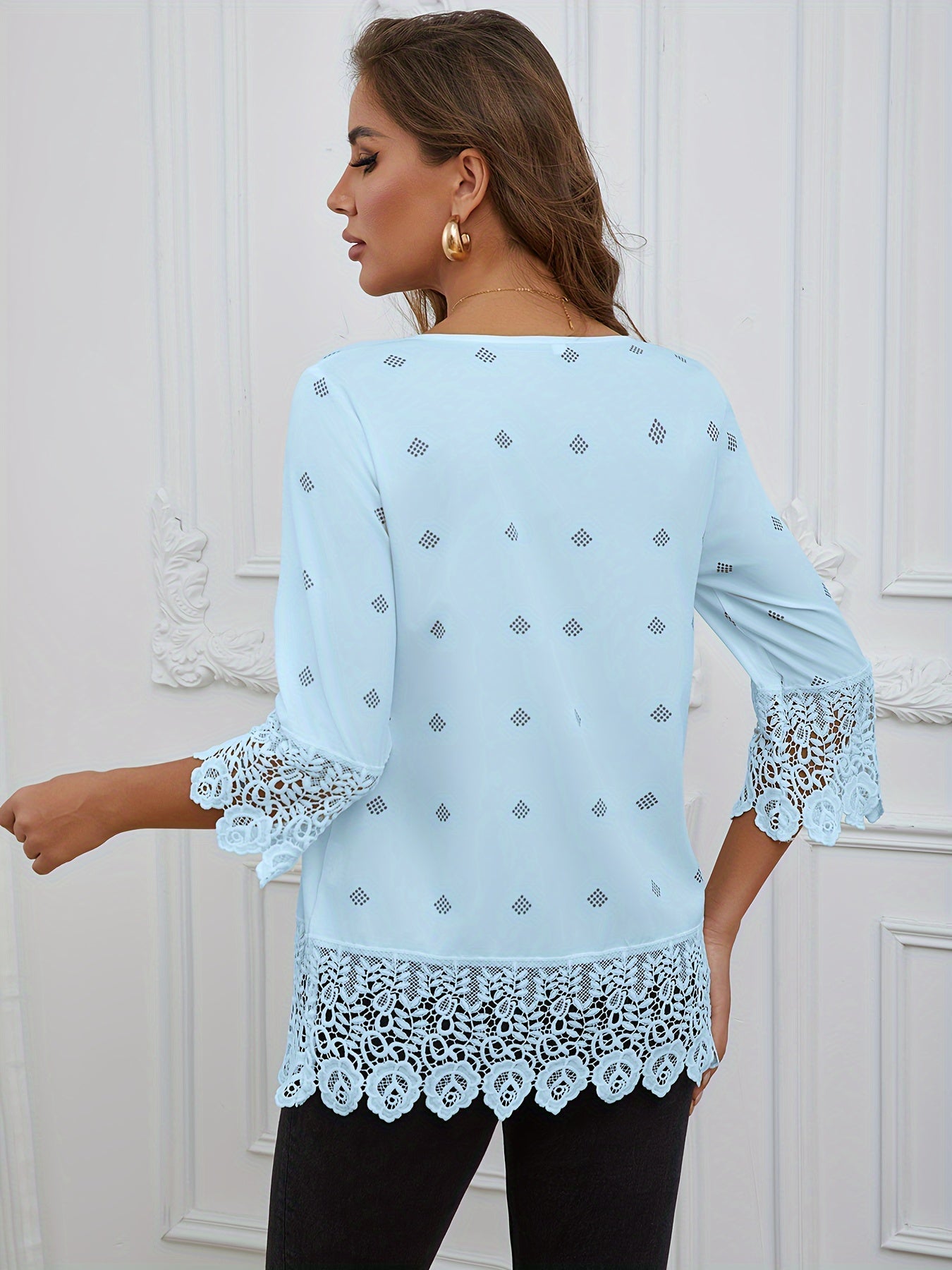 Kanten Trim Ronde Hals Blouse - Semi-Transparant Ontwerp & 3/4 Mouwen