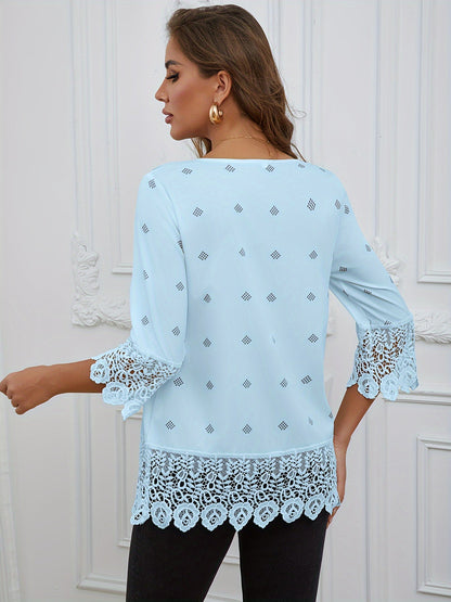 Kanten Trim Ronde Hals Blouse - Semi-Transparant Ontwerp & 3/4 Mouwen