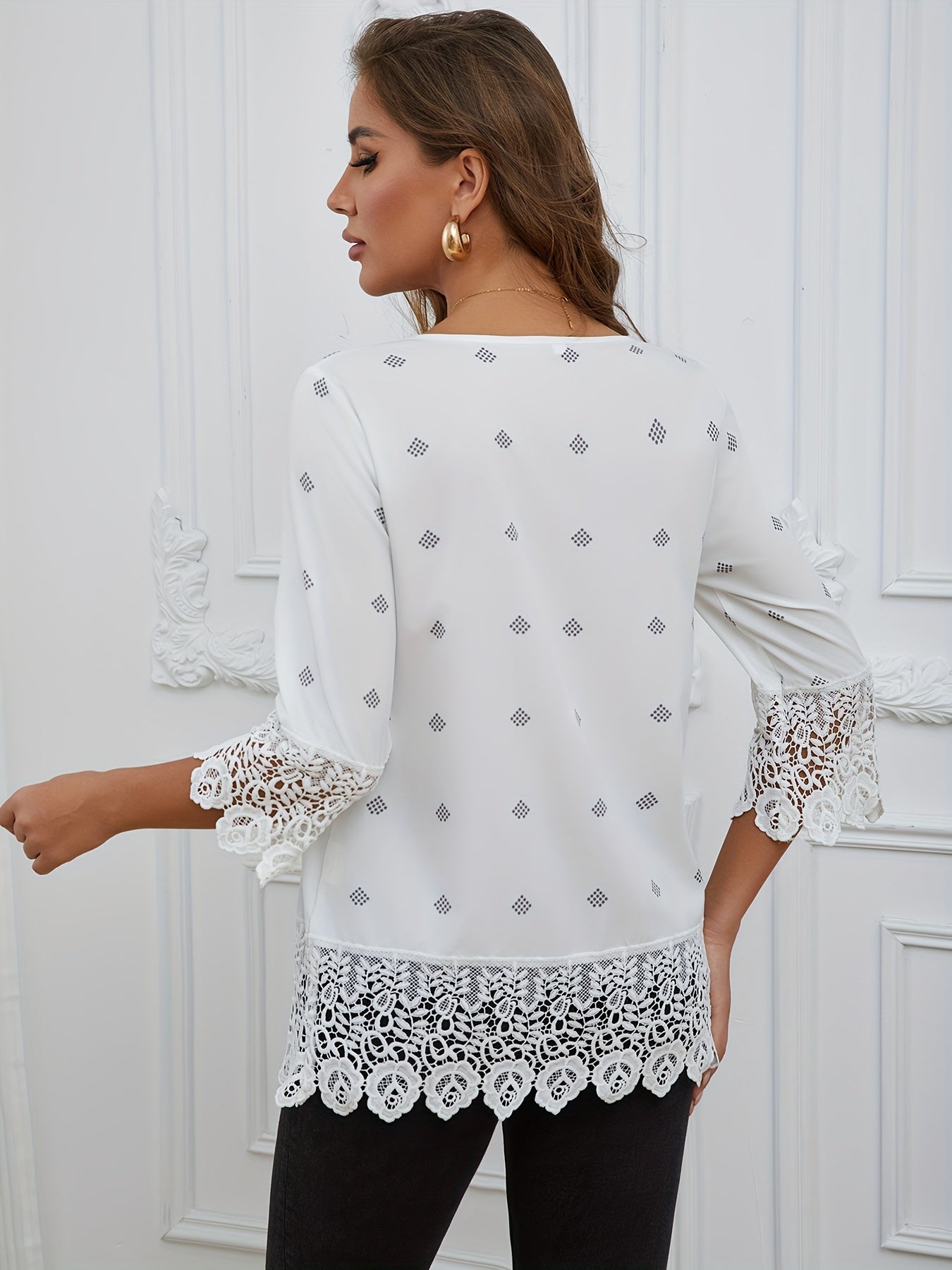Kanten Trim Ronde Hals Blouse - Semi-Transparant Ontwerp & 3/4 Mouwen
