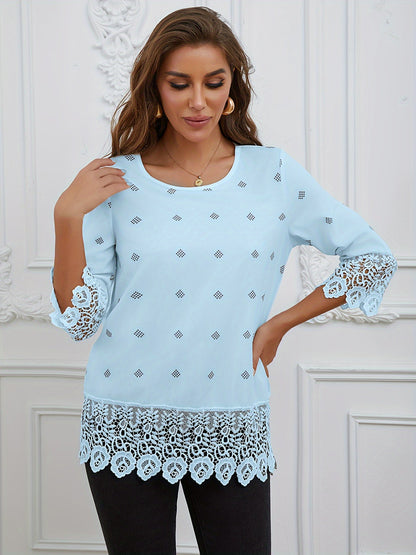 Kanten Trim Ronde Hals Blouse - Semi-Transparant Ontwerp & 3/4 Mouwen