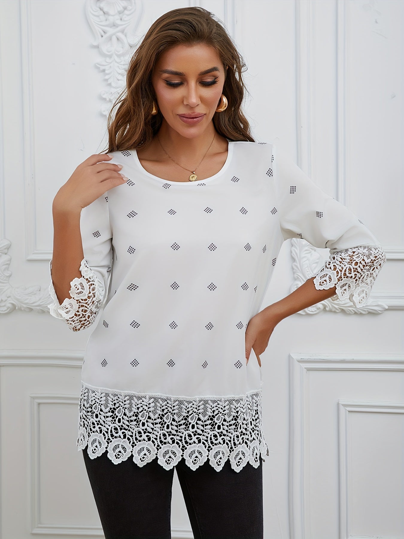 Kanten Trim Ronde Hals Blouse - Semi-Transparant Ontwerp & 3/4 Mouwen