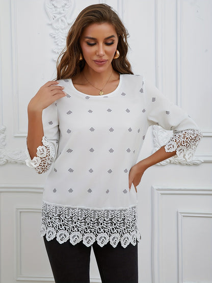 Kanten Trim Ronde Hals Blouse - Semi-Transparant Ontwerp & 3/4 Mouwen