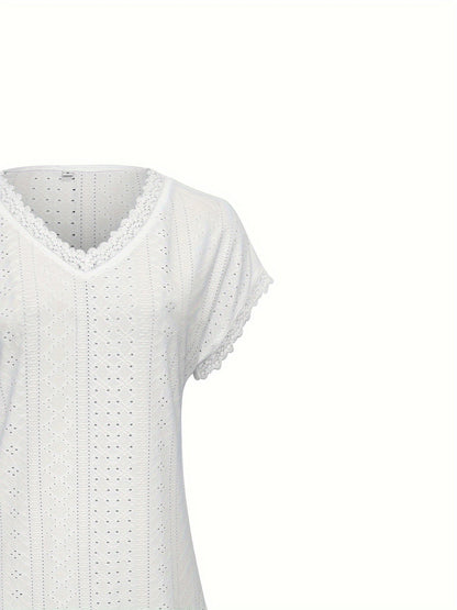 Kanten Trim V-Hals Blouse - Pullover Stijl & Losse Pasvorm