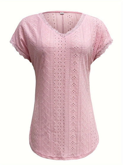 Kanten Trim V-Hals Blouse - Pullover Stijl & Losse Pasvorm