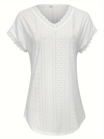 Kanten Trim V-Hals Blouse - Pullover Stijl & Losse Pasvorm