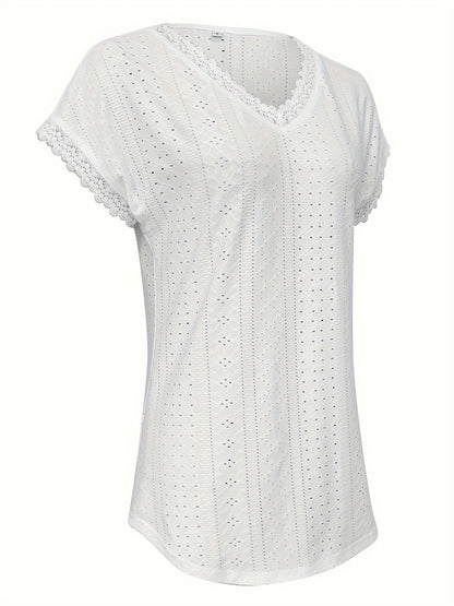 Kanten Trim V-Hals Blouse - Pullover Stijl & Losse Pasvorm