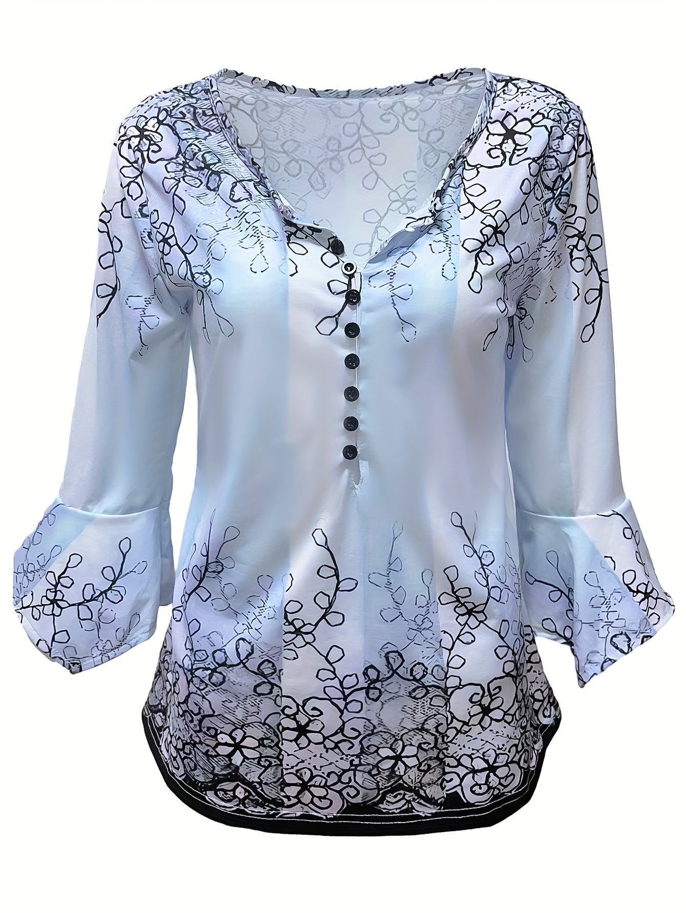 Knopen Bloemenprint Blouse - Rimpel Halve Mouwen & Casual Fit