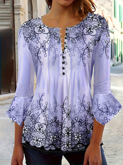 Knopen Bloemenprint Blouse - Rimpel Halve Mouwen & Casual Fit