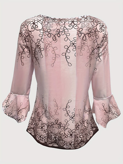 Knopen Bloemenprint Blouse - Rimpel Halve Mouwen & Casual Fit