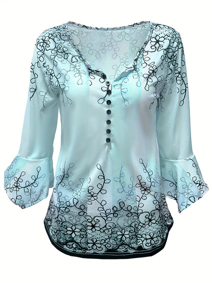 Knopen Bloemenprint Blouse - Rimpel Halve Mouwen & Casual Fit