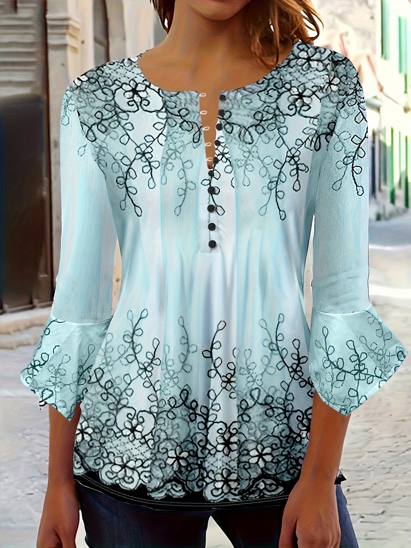 Knopen Bloemenprint Blouse - Rimpel Halve Mouwen & Casual Fit