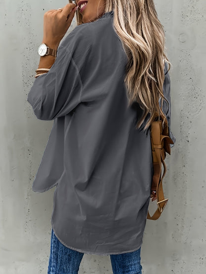 Knopen Voorkant Lange Mouwen Shirt - Semi-Doorzichtig Stof & Revers Kraag