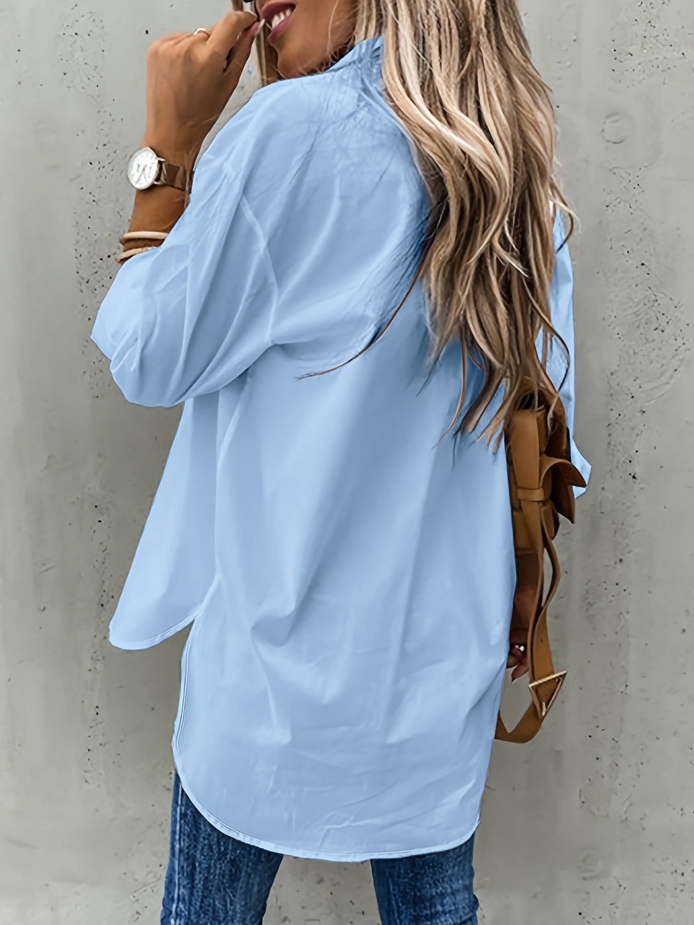 Knopen Voorkant Lange Mouwen Shirt - Semi-Doorzichtig Stof & Revers Kraag
