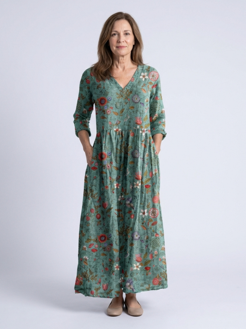 Marina | Maxi jurk met V-hals en bloemenprint met driekwartmouwen