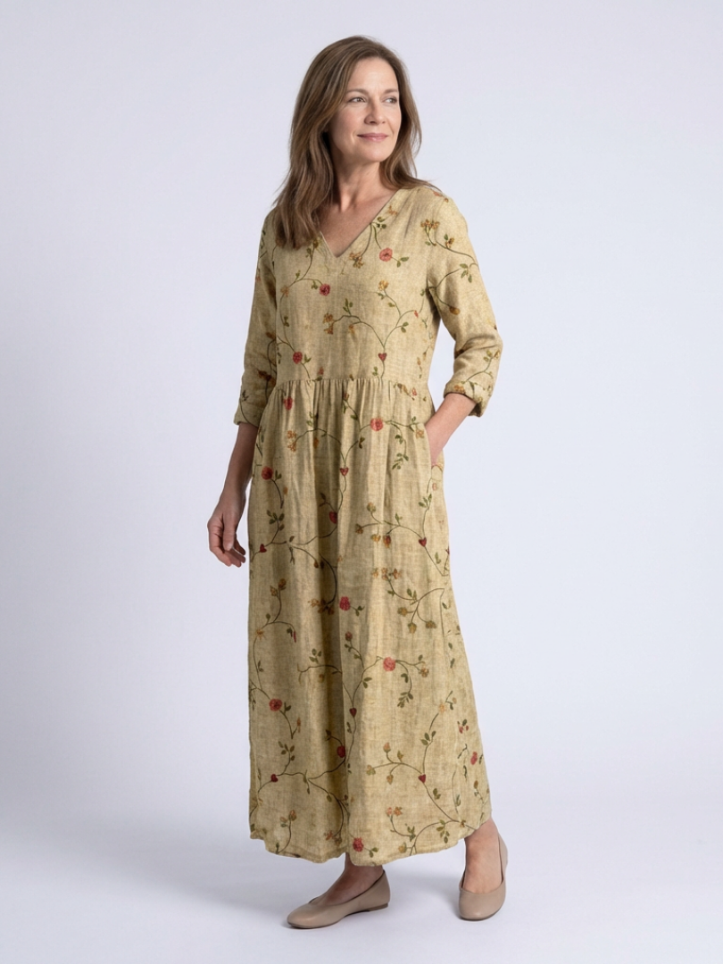 Marina | Maxi jurk met V-hals en bloemenprint met driekwartmouwen