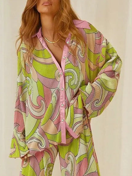 Unieke Geschilderde Print Plissé Loose Shirt