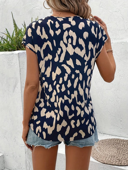 Luipaardprint V-Hals Blouse - Batwing Korte Mouwen & Ademend Materiaal