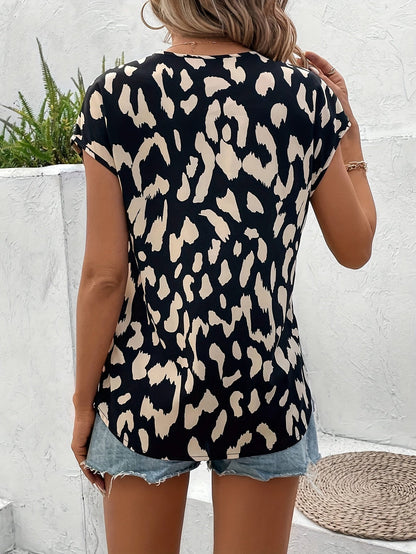 Luipaardprint V-Hals Blouse - Batwing Korte Mouwen & Ademend Materiaal