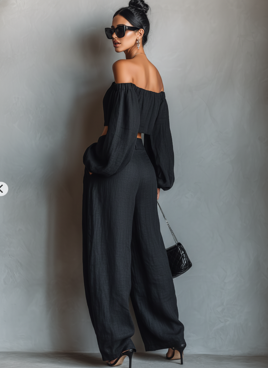 Dames Minimalistische Linnenmix Strapless Lange Mouw Blouse en Wijde Broek Set MDA1900L7Y