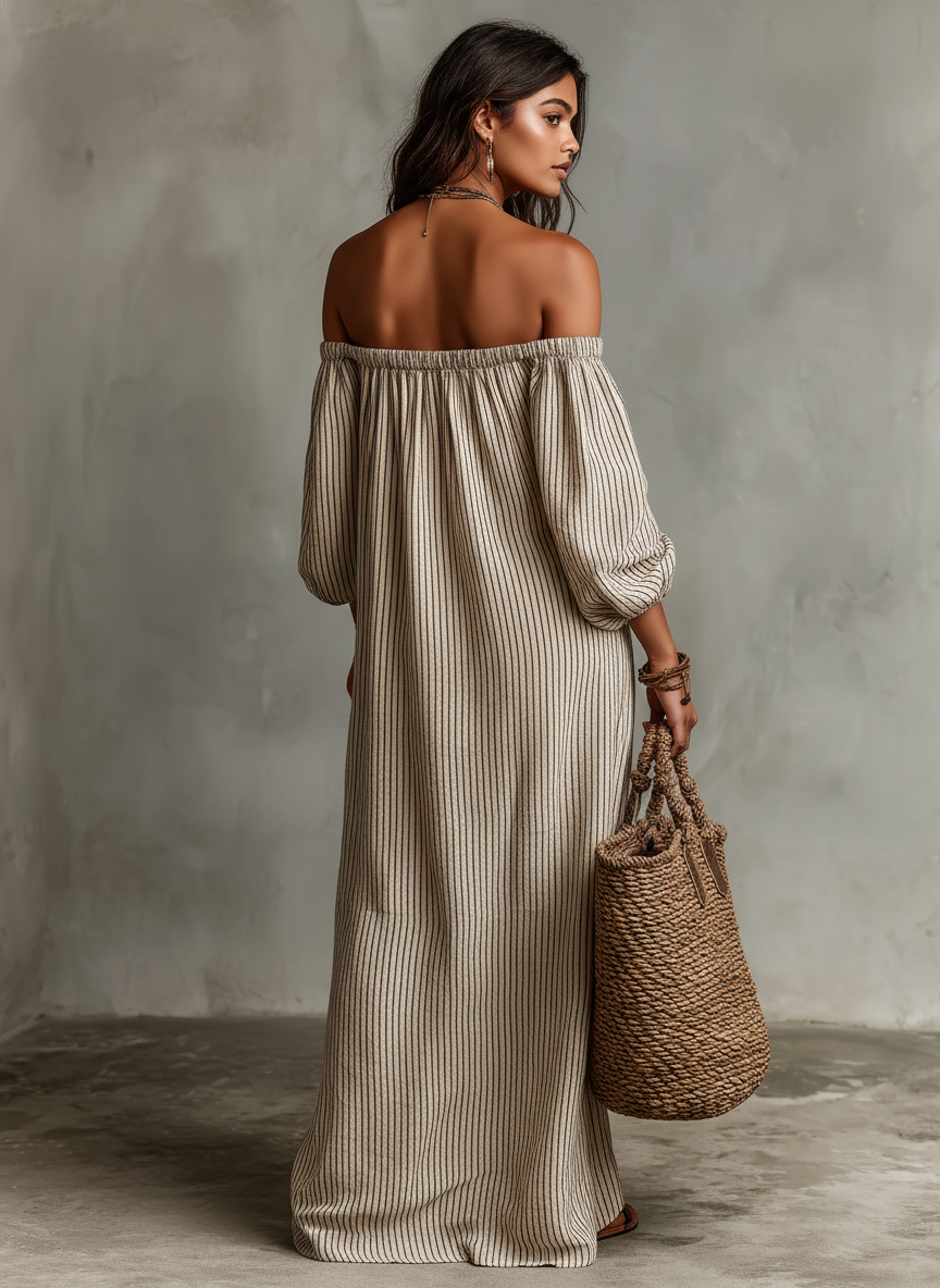 Carmen | Lange jurk van katoen en linnen met off-the-shoulder ontwerp
