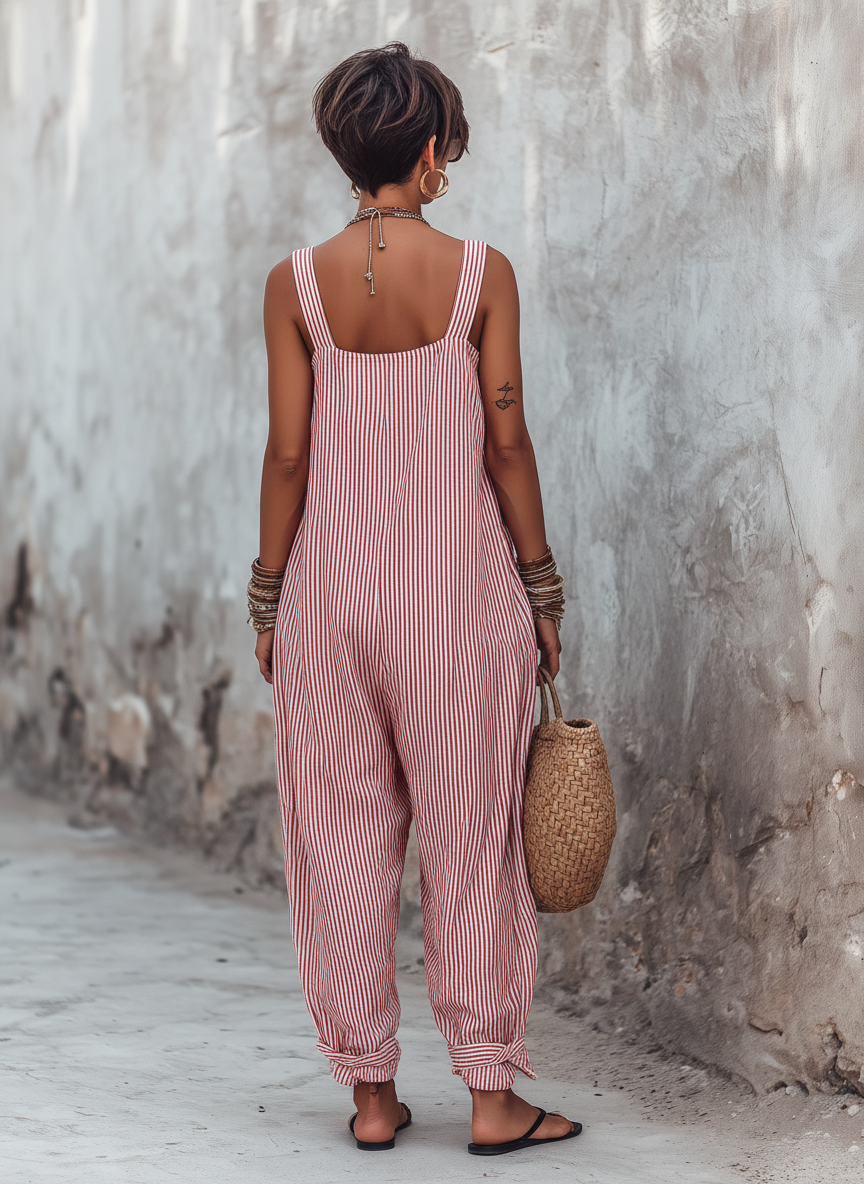 Ella | Minimalistische Gestreepte Vierkante Hals Mouwloze Jumpsuit