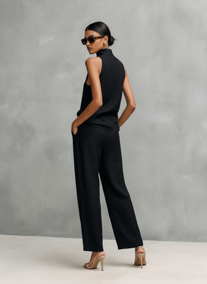 Dames Elegante Zwarte Katoenen en Linnen Ronde Hals Mouwloze Top en Broek Set MDZ1441A4AN