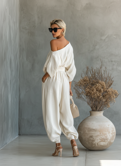 Dames Off-white Linnen Off-shoulder Losse Casual Top en Tapered Broek Set MDA2770K8T