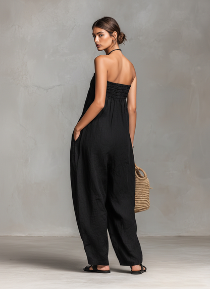 Ashley | Losse Lijnmix Strapless Tie Jumpsuit