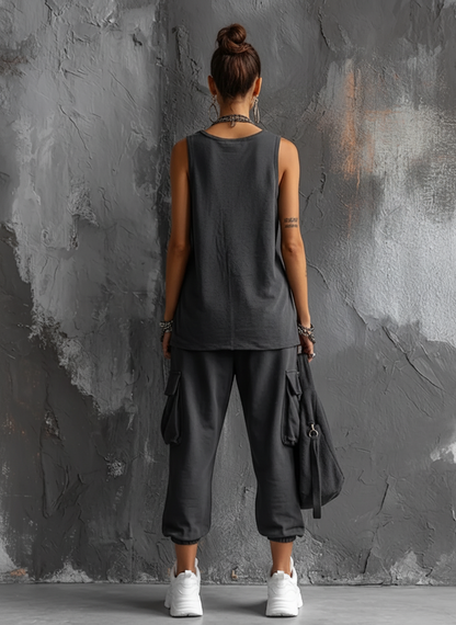 Nora | Casual Style Donkergrijze Katoenmengsel Mouwloze Top + Jogger Cargo Broek Set