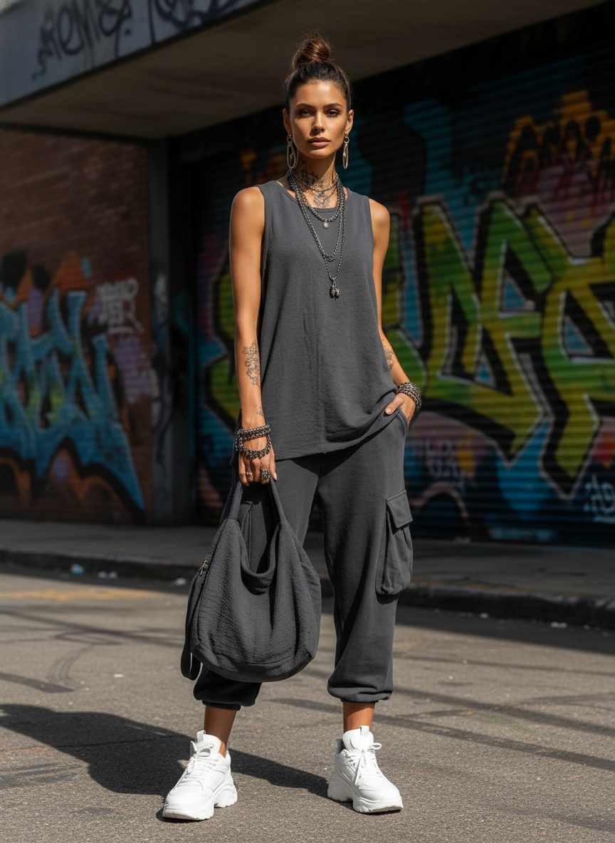 Dames Casual Stijl Donkergrijze Katoenmix Mouwloze Top + Jogger Cargo Broek Set MDZ2365D7GMJ
