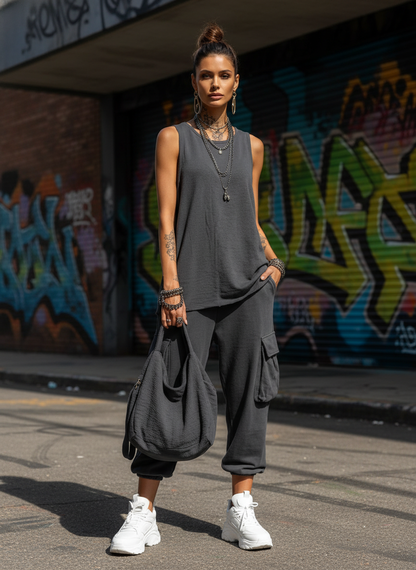 Dames Casual Stijl Donkergrijze Katoenmix Mouwloze Top + Jogger Cargo Broek Set MDZ2365D7GMJ