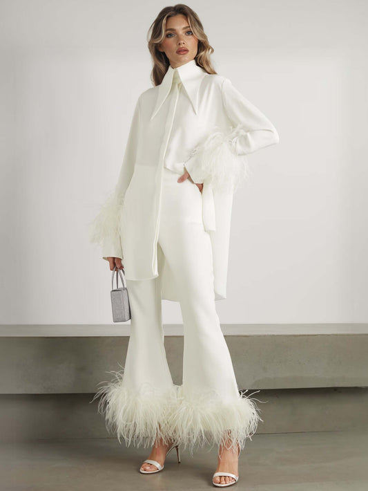 Elegante Satijnen Shirt met Veerafwerking Twee-delige Set