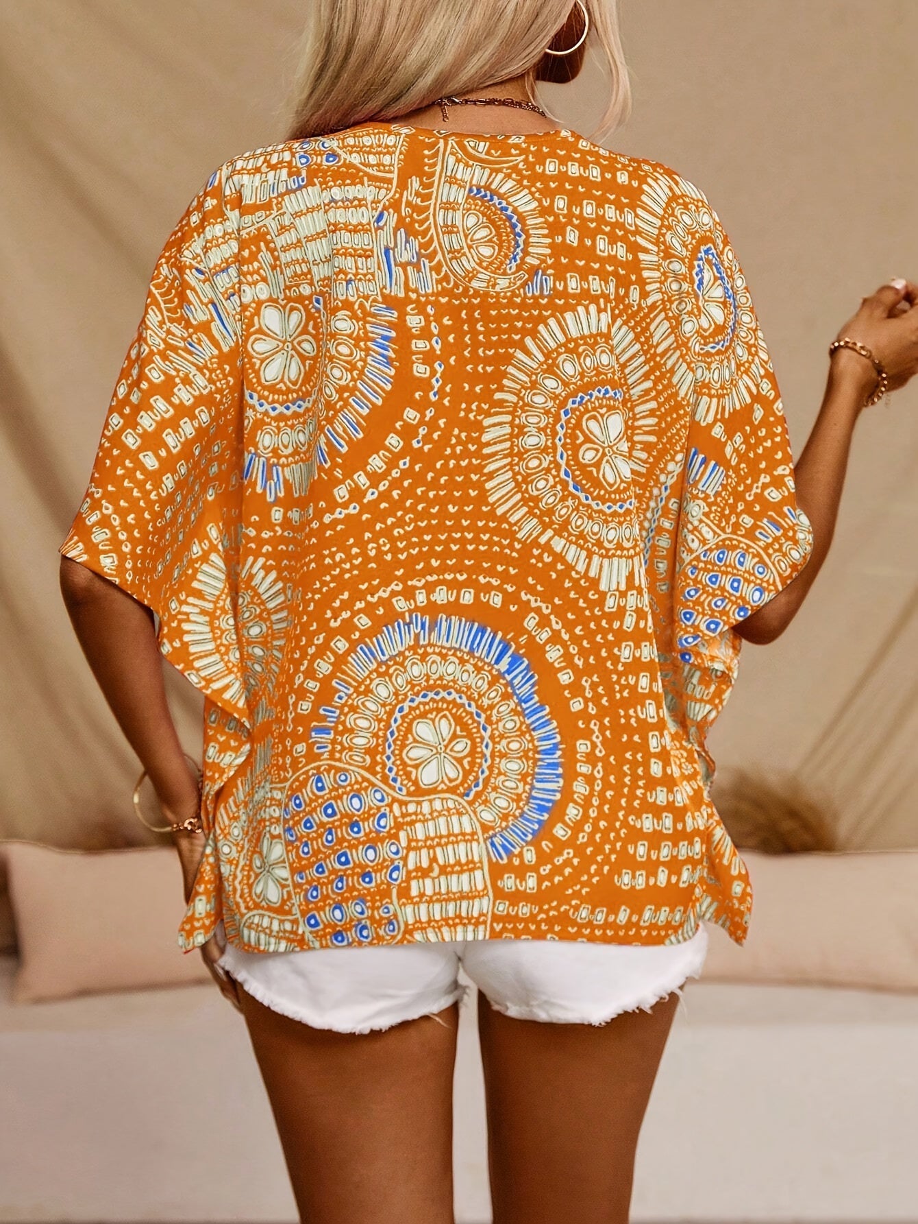 Mandala Print V-Hals Blouse - Batwing Mouw & Lichtgewicht Ontwerp