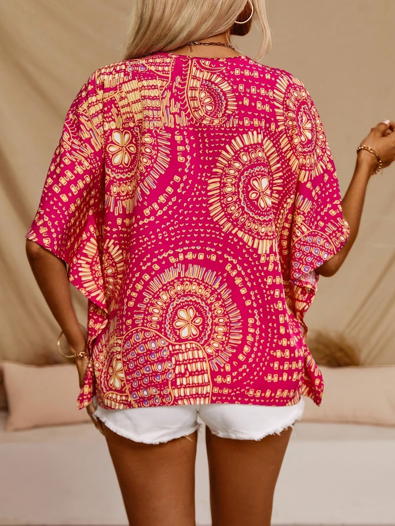 Mandala Print V-Hals Blouse - Batwing Mouw & Lichtgewicht Ontwerp