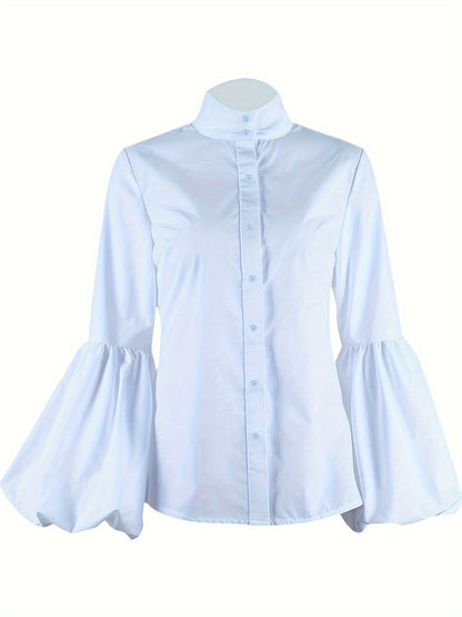 Mock Neck Blouse - Knopen Voorzijde & Lantaarn Mouwen Ontwerp
