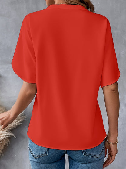 Notched Blouse met Sleufmouwen - Casual Korte Mouw & Ademend Stoffen