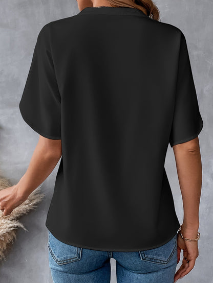 Notched Blouse met Sleufmouwen - Casual Korte Mouw & Ademend Stoffen