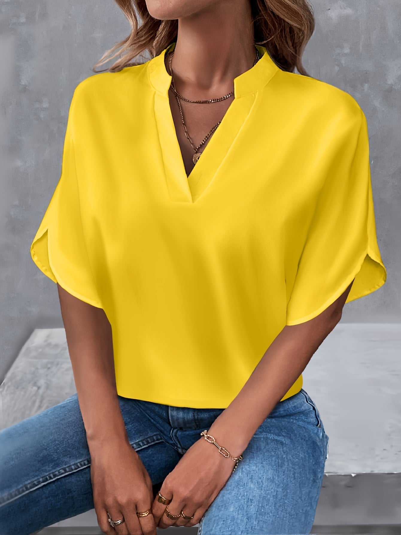 Notched Blouse met Sleufmouwen - Casual Korte Mouw & Ademend Stoffen