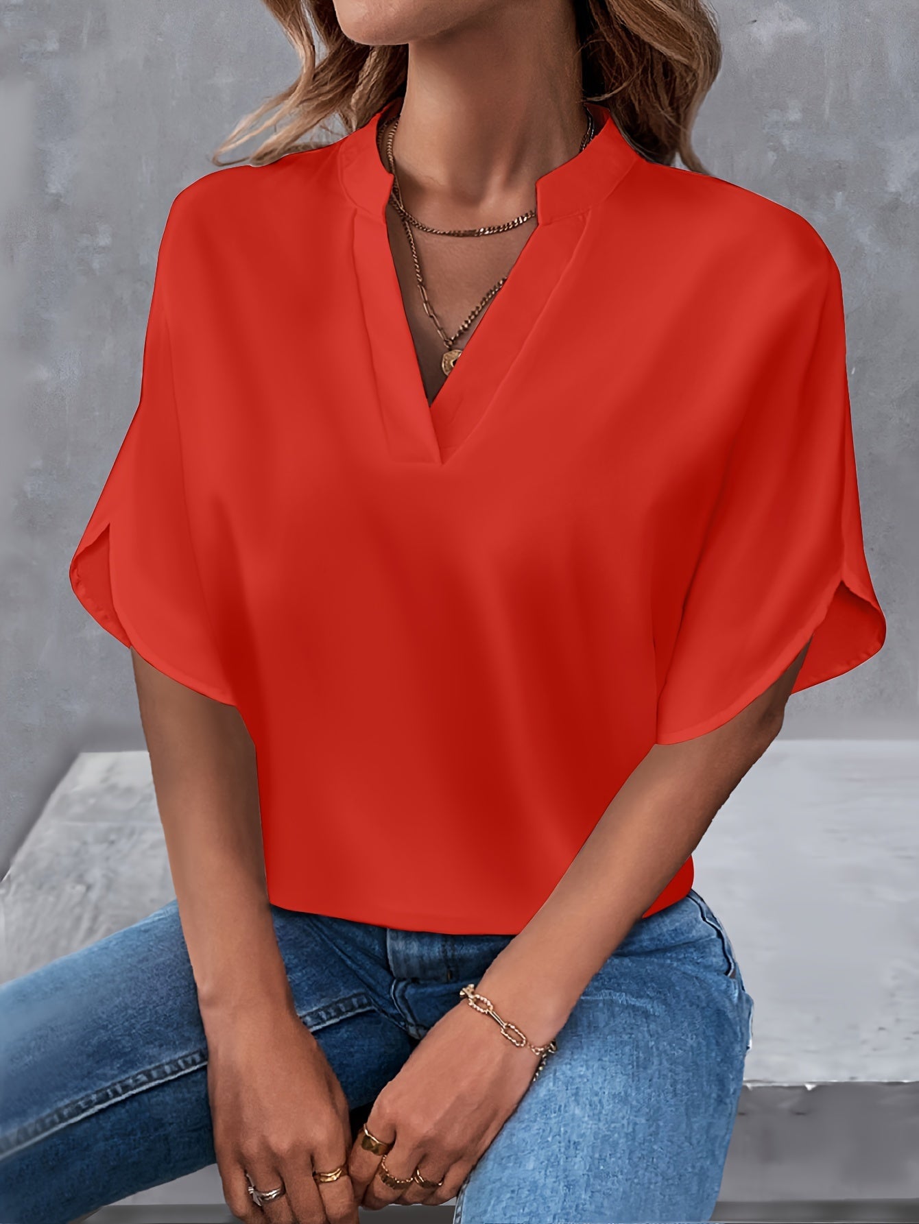 Notched Blouse met Sleufmouwen - Casual Korte Mouw & Ademend Stoffen