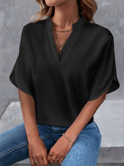 Notched Blouse met Sleufmouwen - Casual Korte Mouw & Ademend Stoffen