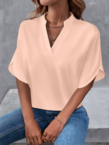 Notched Blouse met Sleufmouwen - Casual Korte Mouw & Ademend Stoffen