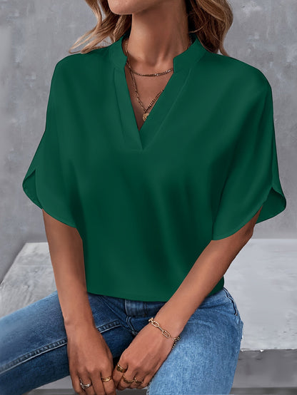 Notched Blouse met Sleufmouwen - Casual Korte Mouw & Ademend Stoffen