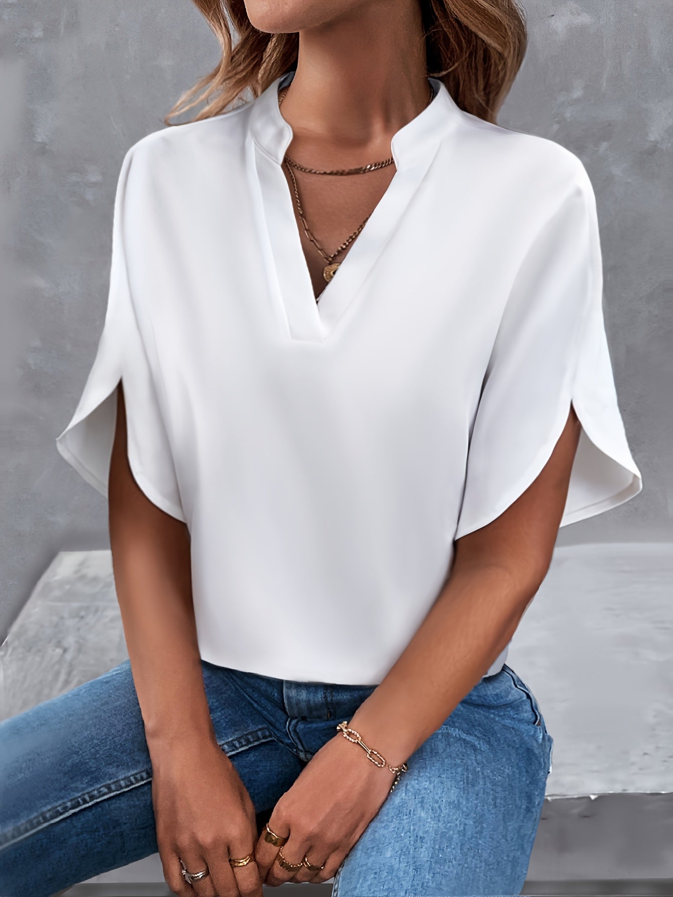Notched Blouse met Sleufmouwen - Casual Korte Mouw & Ademend Stoffen